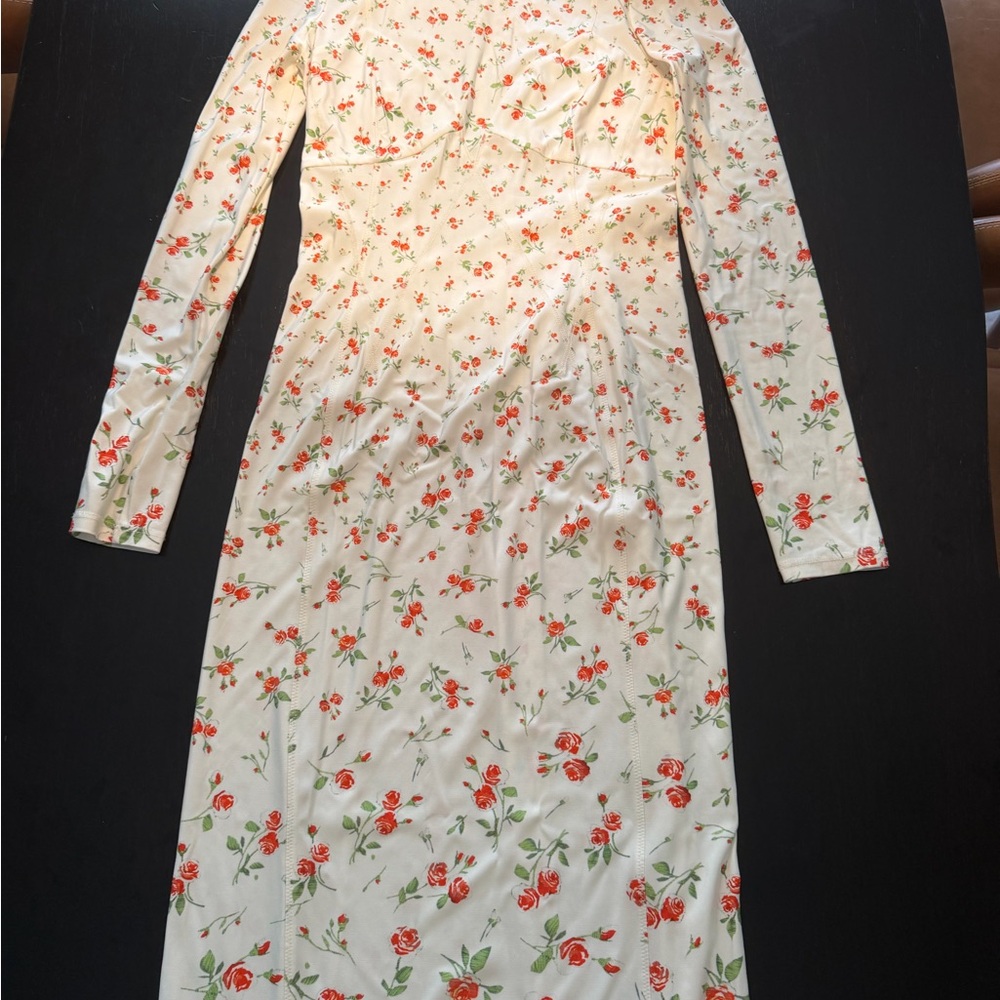 Paco Rabanne Cream Long-Sleeve Midi Dress with Red Rose Print